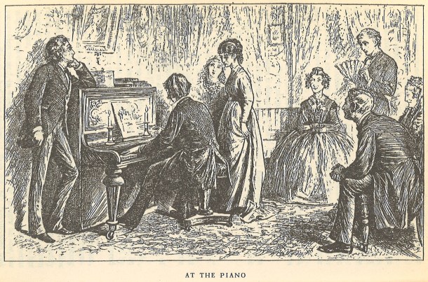 From left to right: Neville Landless, John Jasper, a ghostly-looking Rosa Bud, Helena Landless, Miss Twinkleton, Septimus Crisparkle, Mrs. Crisparkle, and holding the fan, Edwin Drood.