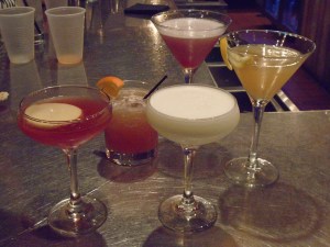 Classical Cocktails (l. to r.) Jack Rose, Ward 8, Gin Fizz, Between the Sheets, and in back, the Mary Pickford.
